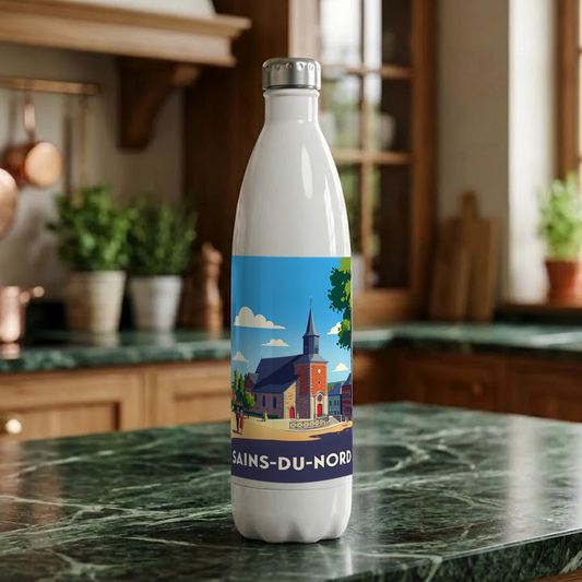 Gourde souvenir de la ville de Sains-du-Nord avec une illustration stylisée.