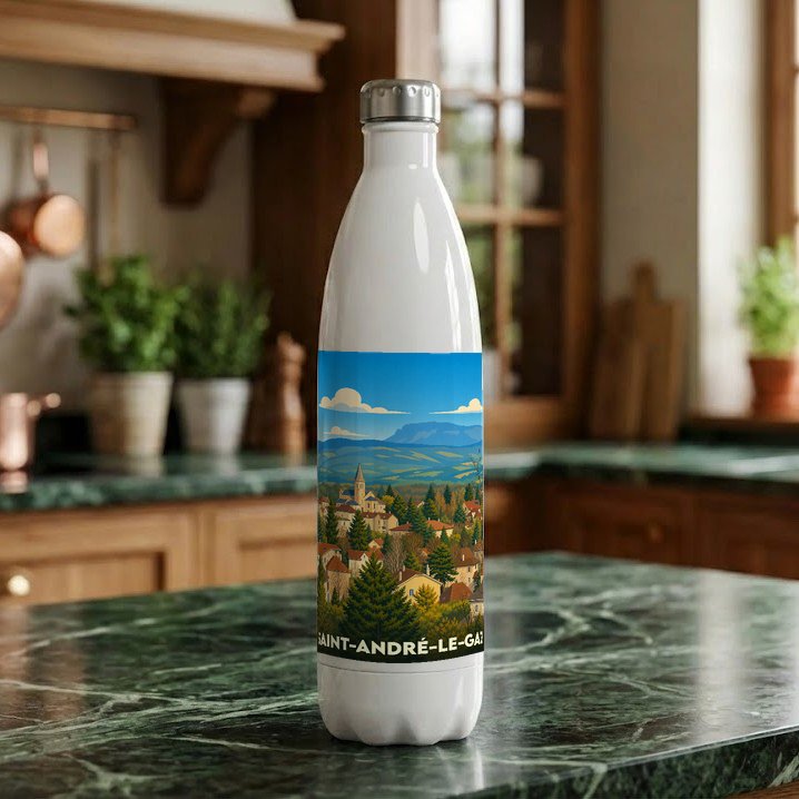 Gourde souvenir de la ville de Saint-André-le-Gaz avec une illustration paysagère stylisée.