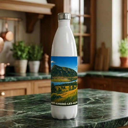 Gourde souvenir de la ville de Saint-André-les-Alpes avec une illustration paysagère stylisée.
