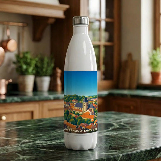 Gourde souvenir de la ville de Saint-Arnoult-en-Yvelines ornée d'une illustration stylisée de son paysage urbain.