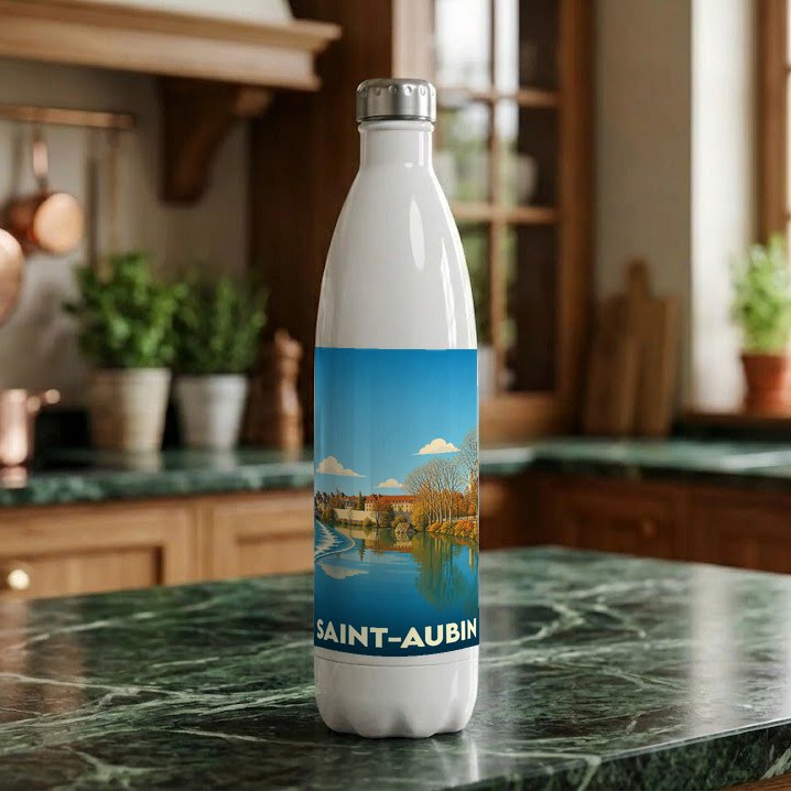 Gourde souvenir blanche de la ville de Saint-Aubin ornée d'une illustration paysagère stylisée.