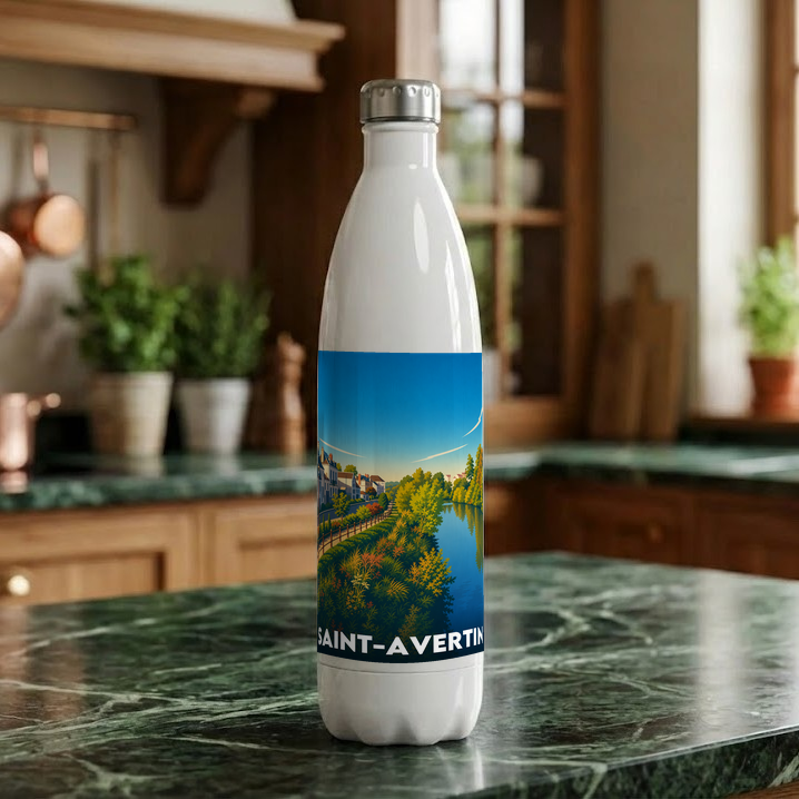 Gourde souvenir de la ville de Saint-Avertin avec une illustration stylisée de paysage.
