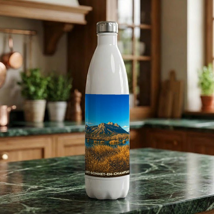 Gourde souvenir de Saint-Bonnet-en-Champsaur ornée d'un paysage de montagne et de champs dorés.