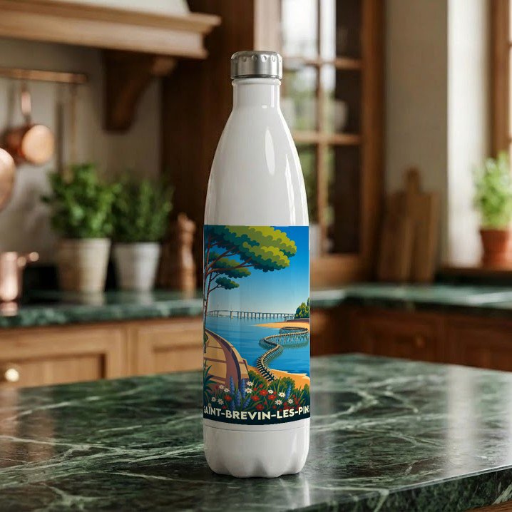 Gourde blanche souvenir de Saint-Brevin-les-Pins illustrée d'un paysage côtier stylisé.