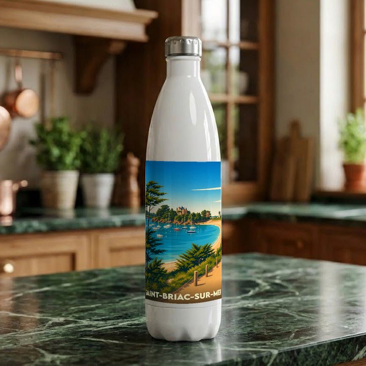 Gourde souvenir de la ville de Saint-Briac-sur-Mer avec une illustration stylisée de son littoral.