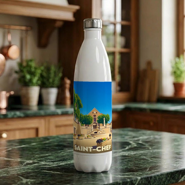 Gourde blanche souvenir de la ville de Saint-Chef avec une illustration stylisée.