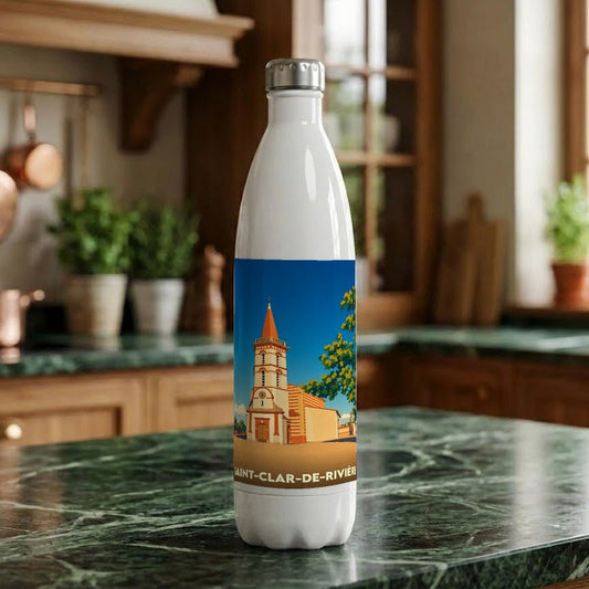 Gourde souvenir de la ville de Saint-Clar-de-Rivière avec une illustration stylisée de son église.