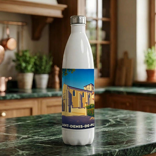 Gourde souvenir de la ville de Saint-Denis-de-Pile avec une illustration stylisée de son église.