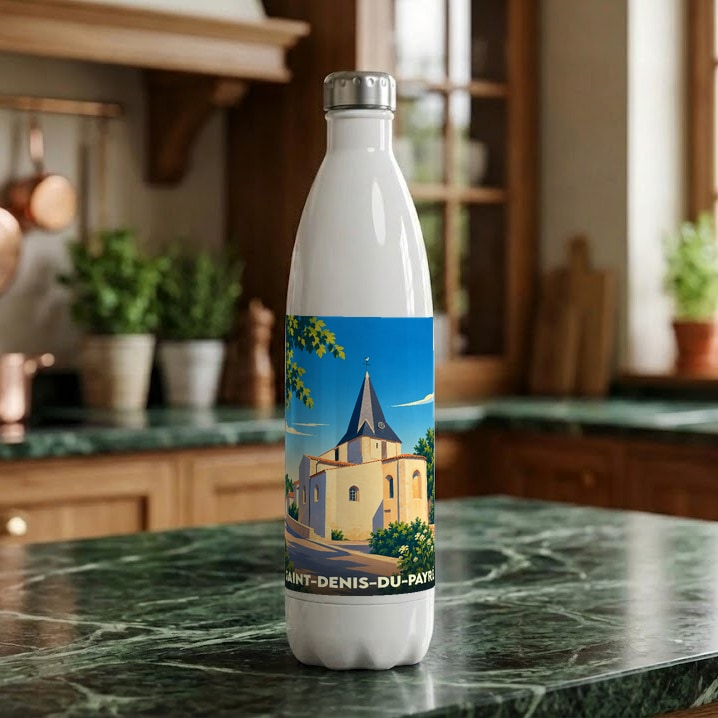Gourde blanche souvenir de la ville de Saint-Denis-du-Payré illustrée par un dessin stylisé de son église.