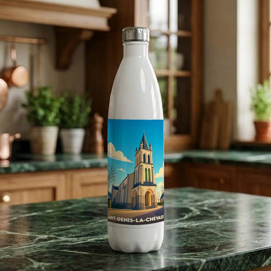 Gourde souvenir de la ville de Saint-Denis-la-Chevasse avec une illustration stylisée de son église.