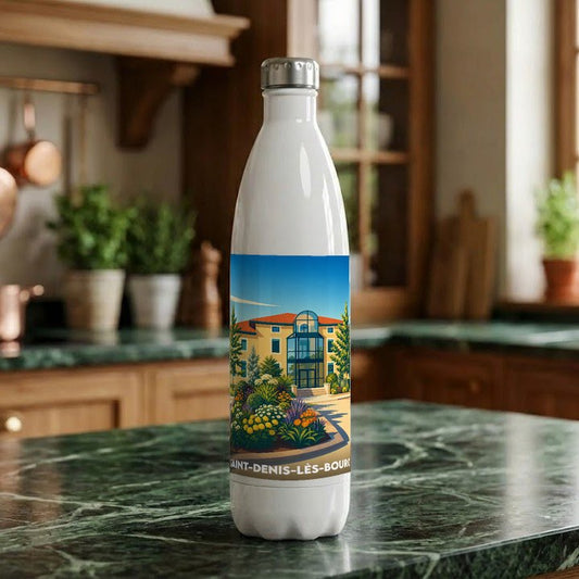 Gourde souvenir de la ville de Saint-Denis-lès-Bourg avec une illustration stylisée.