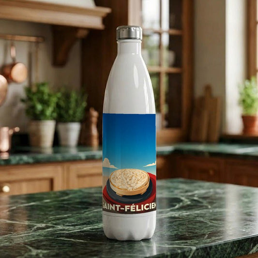 Gourde souvenir de la ville de Saint-Félicien ornée d'une illustration stylisée de son célèbre fromage.