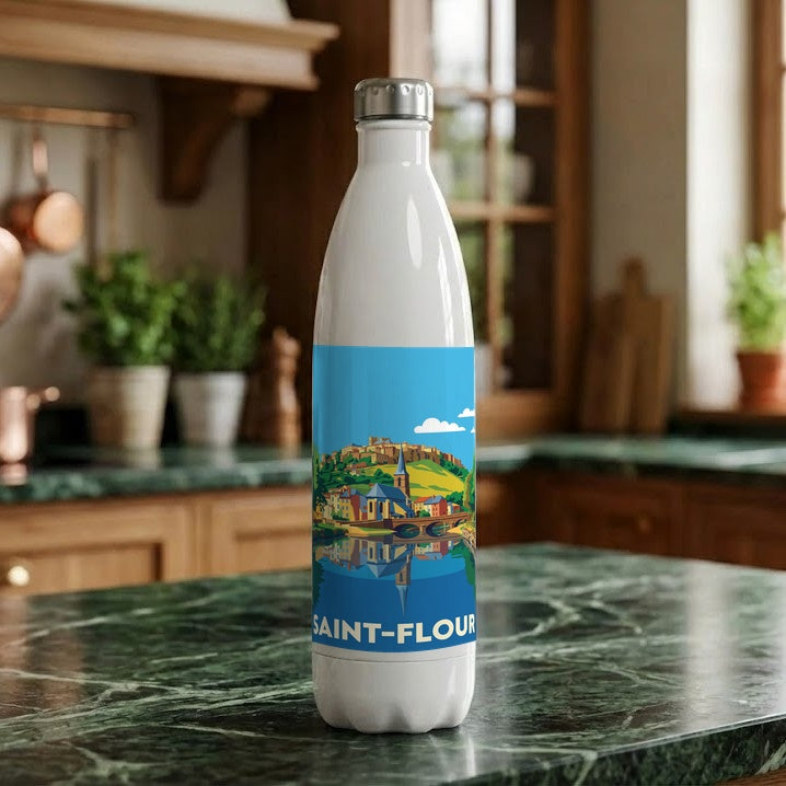 Gourde souvenir de la ville de Saint-Flour avec une illustration stylisée.