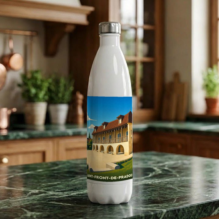 Gourde souvenir de la ville de Saint-Front-de-Pradoux avec une illustration stylisée.