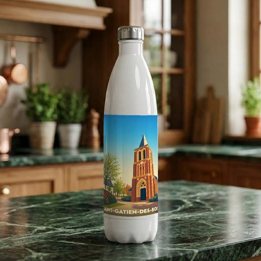 Gourde souvenir de Saint-Gatien-des-Bois avec une illustration stylisée de son église.