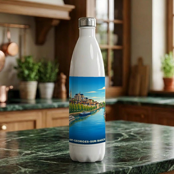 Gourde souvenir de la ville de Saint-Georges-sur-Baulche avec une illustration stylisée d'un paysage fluvial.