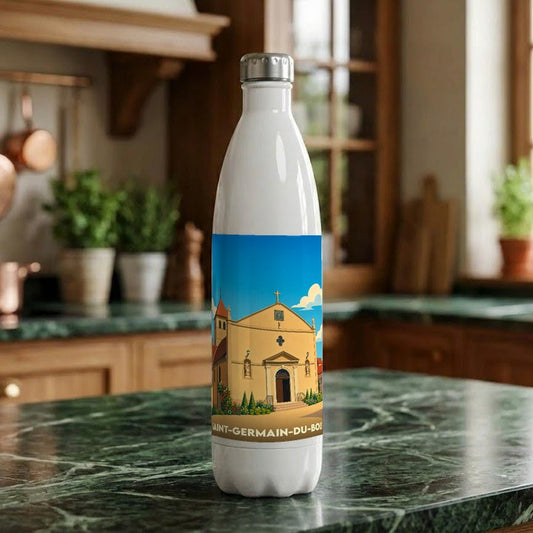 Gourde souvenir de la ville de Saint-Germain-du-Bois avec une illustration stylisée de son église.