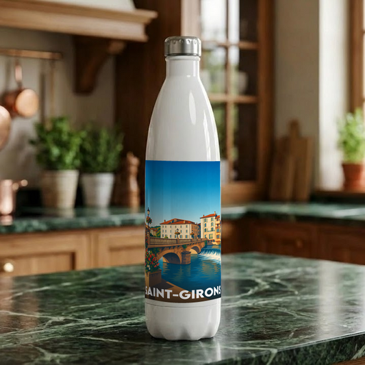 Gourde souvenir de la ville de Saint-Girons avec une illustration stylisée.