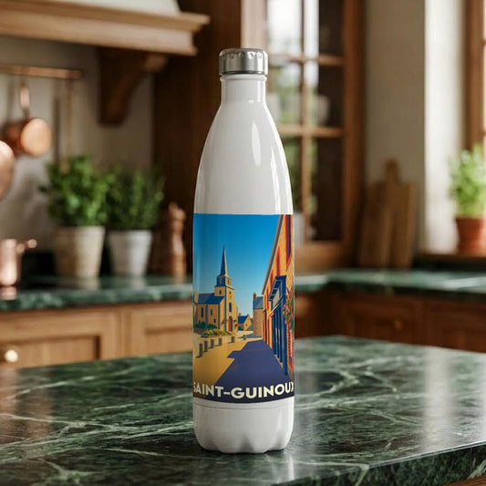 Gourde souvenir de la ville de Saint-Guinoux avec une illustration colorée et stylisée.