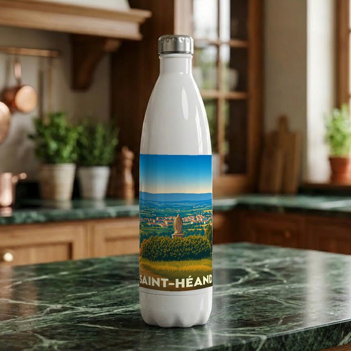 Gourde blanche souvenir de la ville de Saint-Héand avec une illustration de paysage stylisée.
