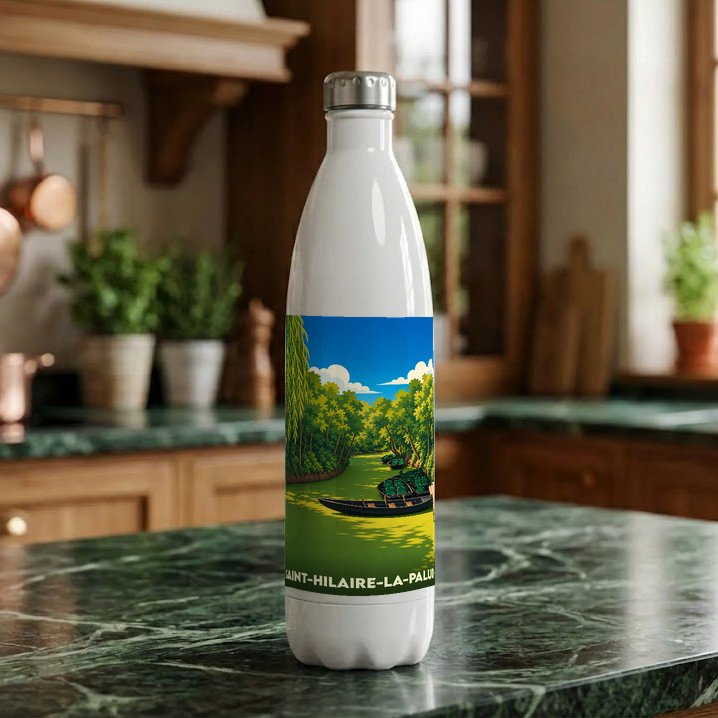 Gourde blanche souvenir de Saint-Hilaire-la-Palud avec une illustration stylisée du Marais poitevin.