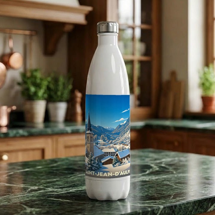 Gourde souvenir de Saint-Jean-d'Aulps ornée d'une illustration hivernale stylisée du village.