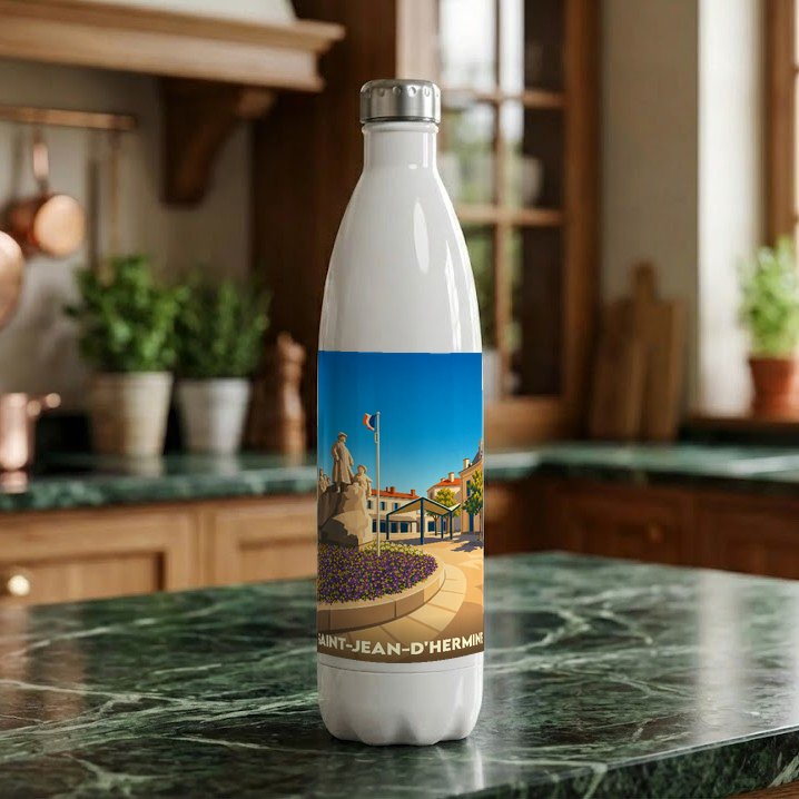 Gourde souvenir de la ville de Saint-Jean-d'Hermine avec une illustration stylisée.