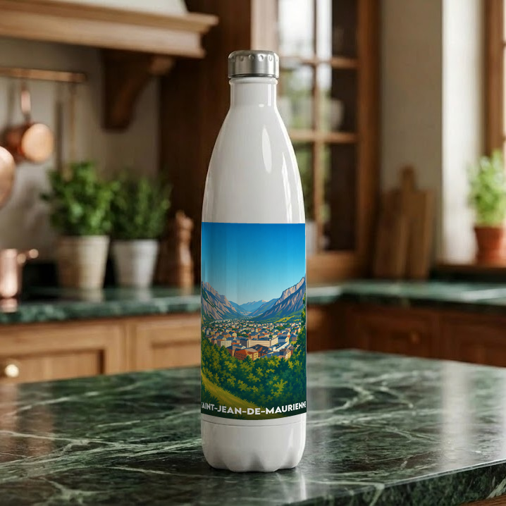 Gourde souvenir de la ville de Saint-Jean-de-Maurienne ornée d'une illustration stylisée de la vallée.