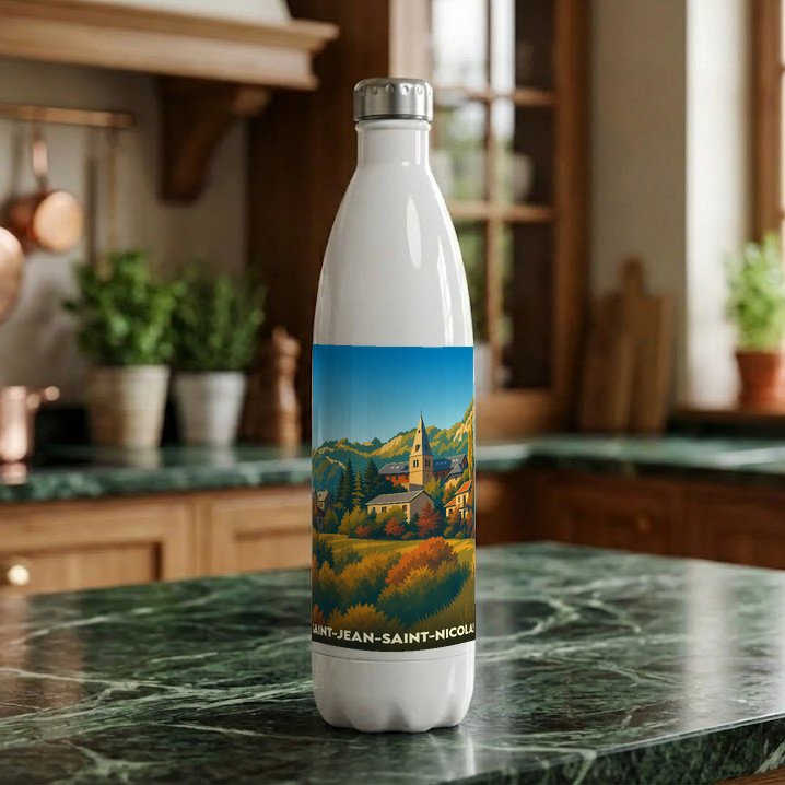 Gourde souvenir de la ville de Saint-Jean-Saint-Nicolas avec une illustration paysagère stylisée.