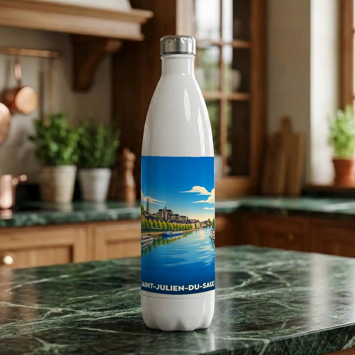 Gourde souvenir de la ville de Saint-Julien-du-Sault avec une illustration stylisée des bords de l'Yonne.