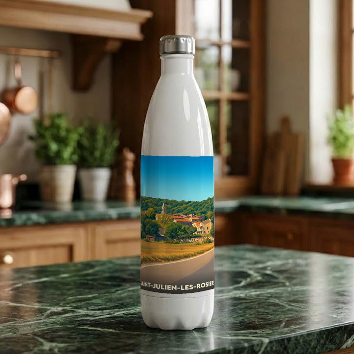 Gourde souvenir de la ville de Saint-Julien-les-Rosiers avec une illustration stylisée d'un paysage provençal.