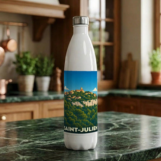 Gourde souvenir de la ville de Saint-Julien avec une illustration stylisée d'un village perché.