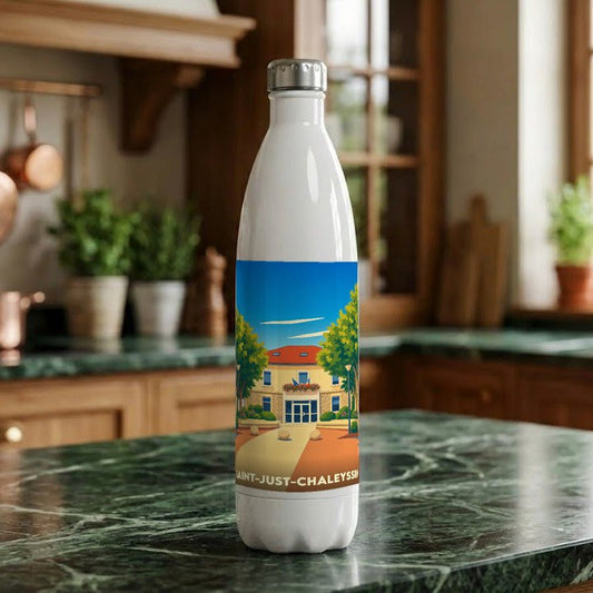 Gourde souvenir de la ville de Saint-Just-Chaleyssin avec une illustration stylisée de sa mairie.