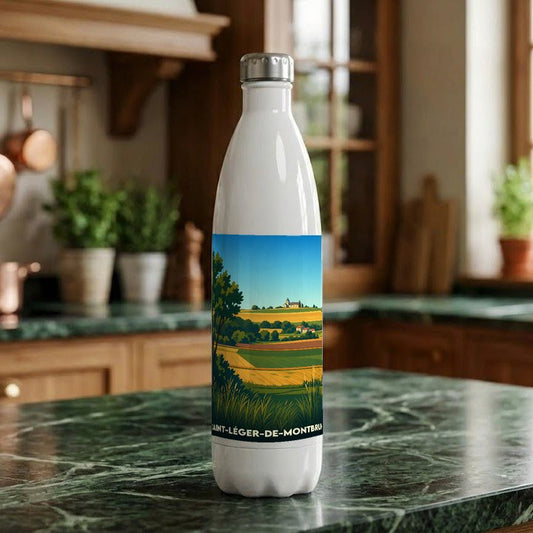 Gourde souvenir de la ville de Saint-Léger-de-Montbrun avec une illustration de paysages champêtres.