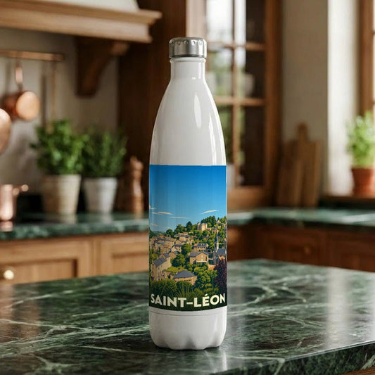 Gourde blanche souvenir de la ville de Saint-Léon avec une illustration paysagère stylisée.