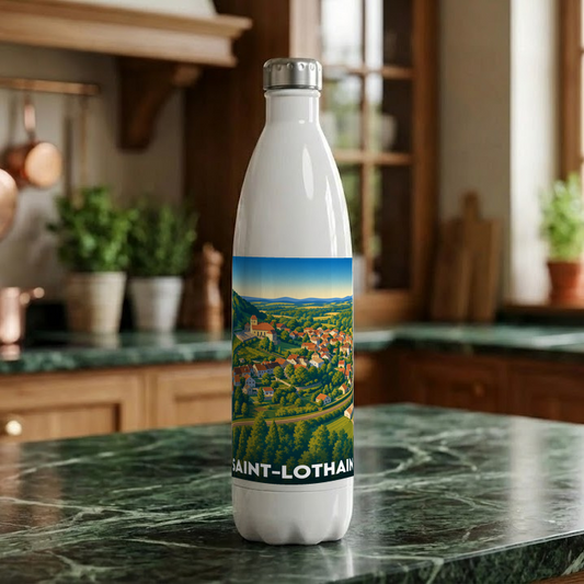 Gourde souvenir de la ville de Saint-Lothain avec une illustration stylisée d'un paysage de village.
