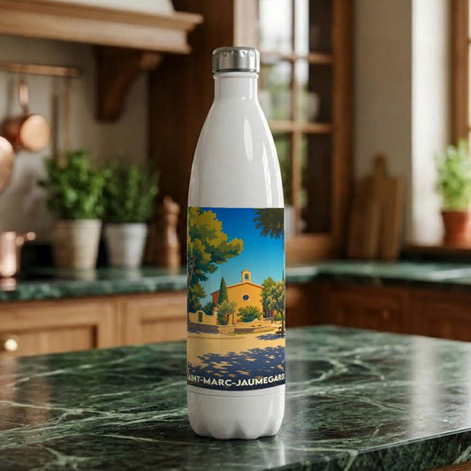 Gourde souvenir de Saint-Marc-Jaumegarde avec une illustration stylisée d'un paysage provençal.