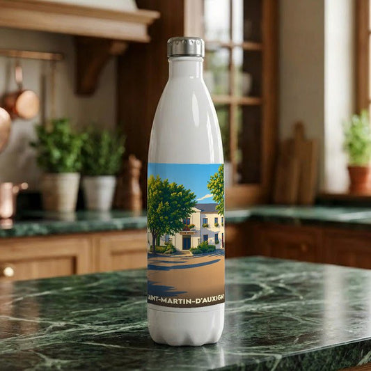 Gourde souvenir de la ville de Saint-Martin-d'Auxigny avec une illustration stylisée d'un bâtiment arboré.