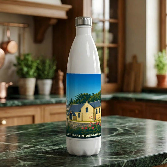 Gourde souvenir de la ville de Saint-Martin-des-Champs avec une illustration stylisée.
