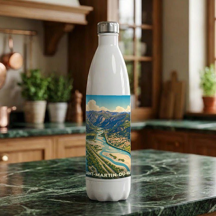 Gourde souvenir de la ville de Saint-Martin-du-Var avec une illustration paysagère stylisée.