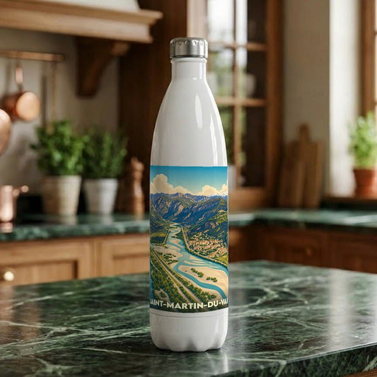 Gourde souvenir de la ville de Saint-Martin-du-Var avec une illustration paysagère stylisée.