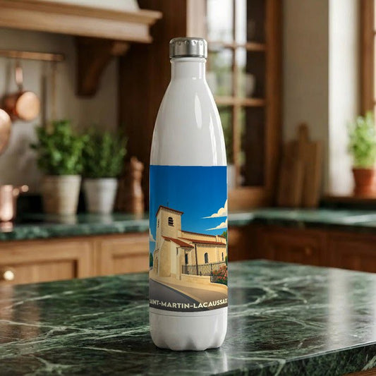 Gourde souvenir de la ville de Saint-Martin-Lacaussade avec une illustration stylisée de son église.