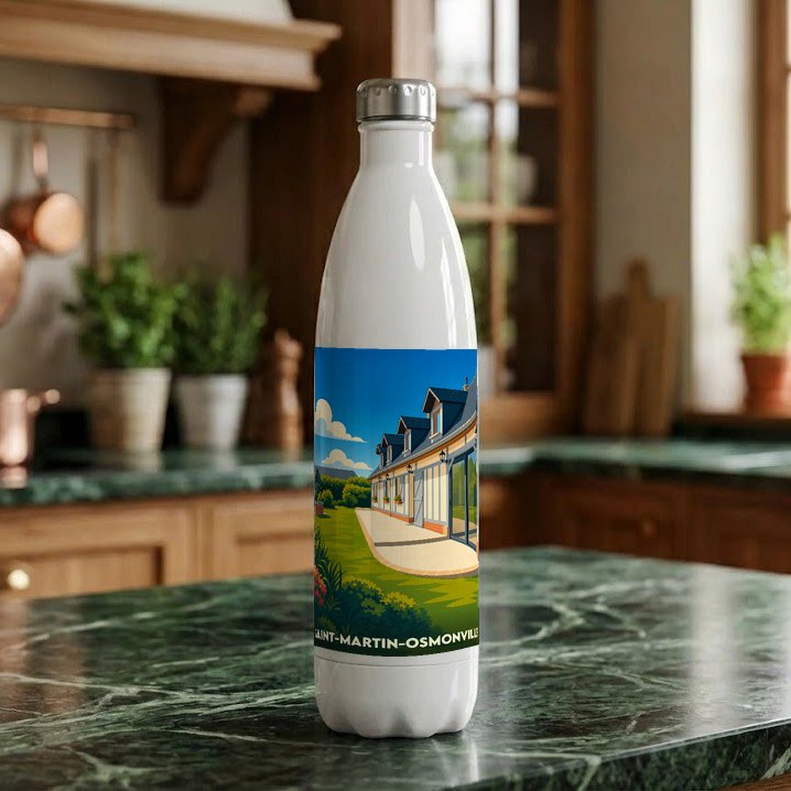 Gourde souvenir de la ville de Saint-Martin-Osmonville avec une illustration stylisée.