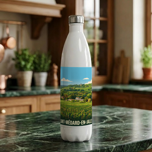 Gourde souvenir de la ville de Saint-Médard-en-Jalles avec une illustration stylisée.