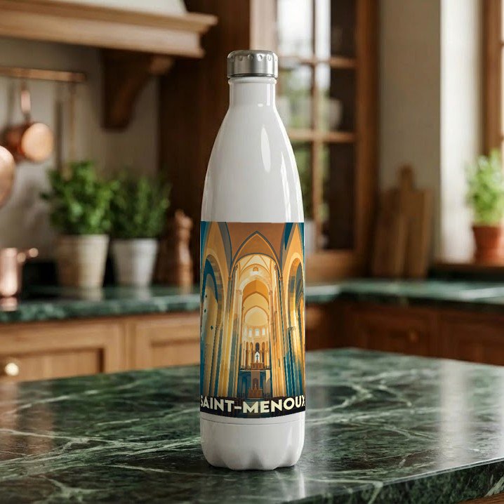 Gourde souvenir de la ville de Saint-Menoux avec une illustration stylisée de son église.