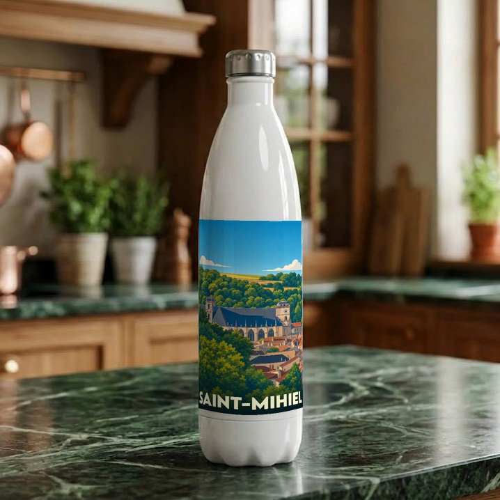 Gourde souvenir de la ville de Saint-Mihiel avec une illustration stylisée.