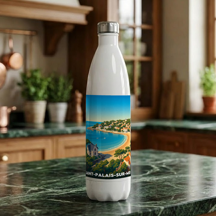 Gourde souvenir de la ville de Saint-Palais-sur-Mer avec une illustration stylisée de sa côte.