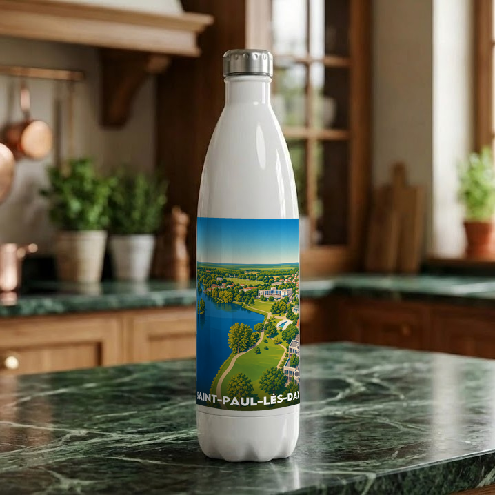 Gourde souvenir de la ville de Saint-Paul-lès-Dax avec une illustration stylisée de son paysage.
