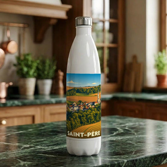 Gourde blanche souvenir de la ville de Saint-Père ornée d'une illustration paysagère stylisée.