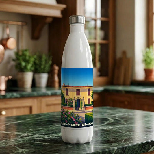 Gourde souvenir de la ville de Saint-Pierre-de-Mons avec une illustration stylisée d'une maison régionale.